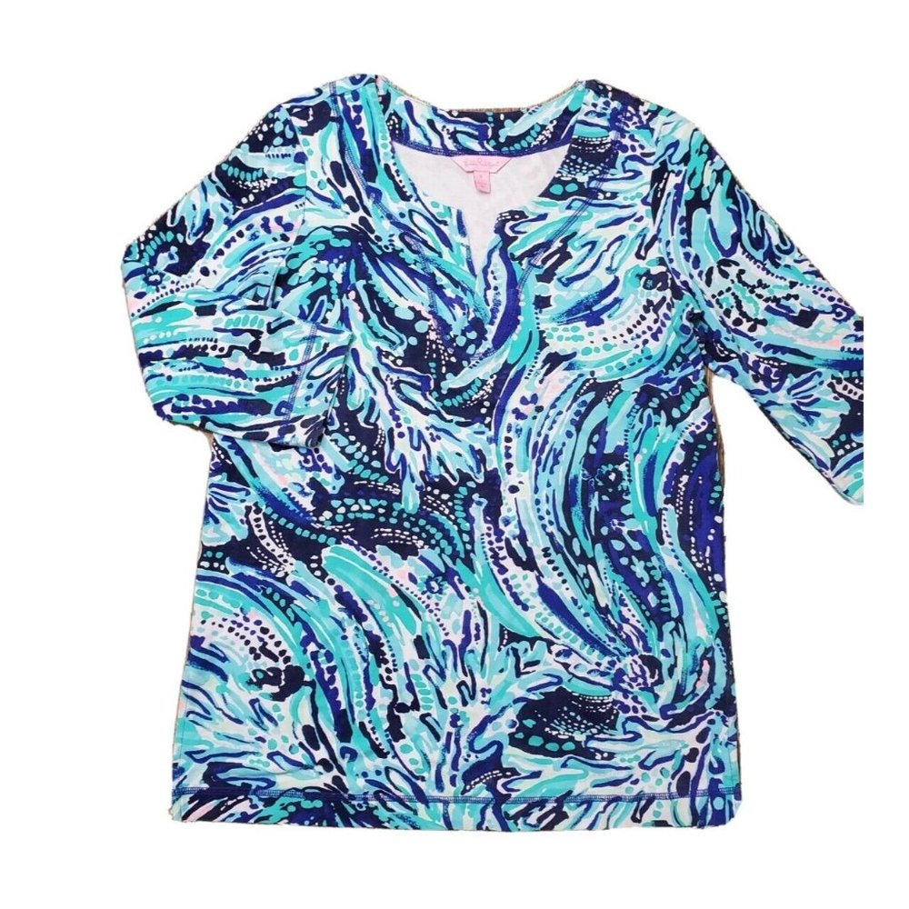 Lilly Pulitzer Justina Tunic Women's S Navy Crash the Bash UPF 50+Top 3/4 Sleeve